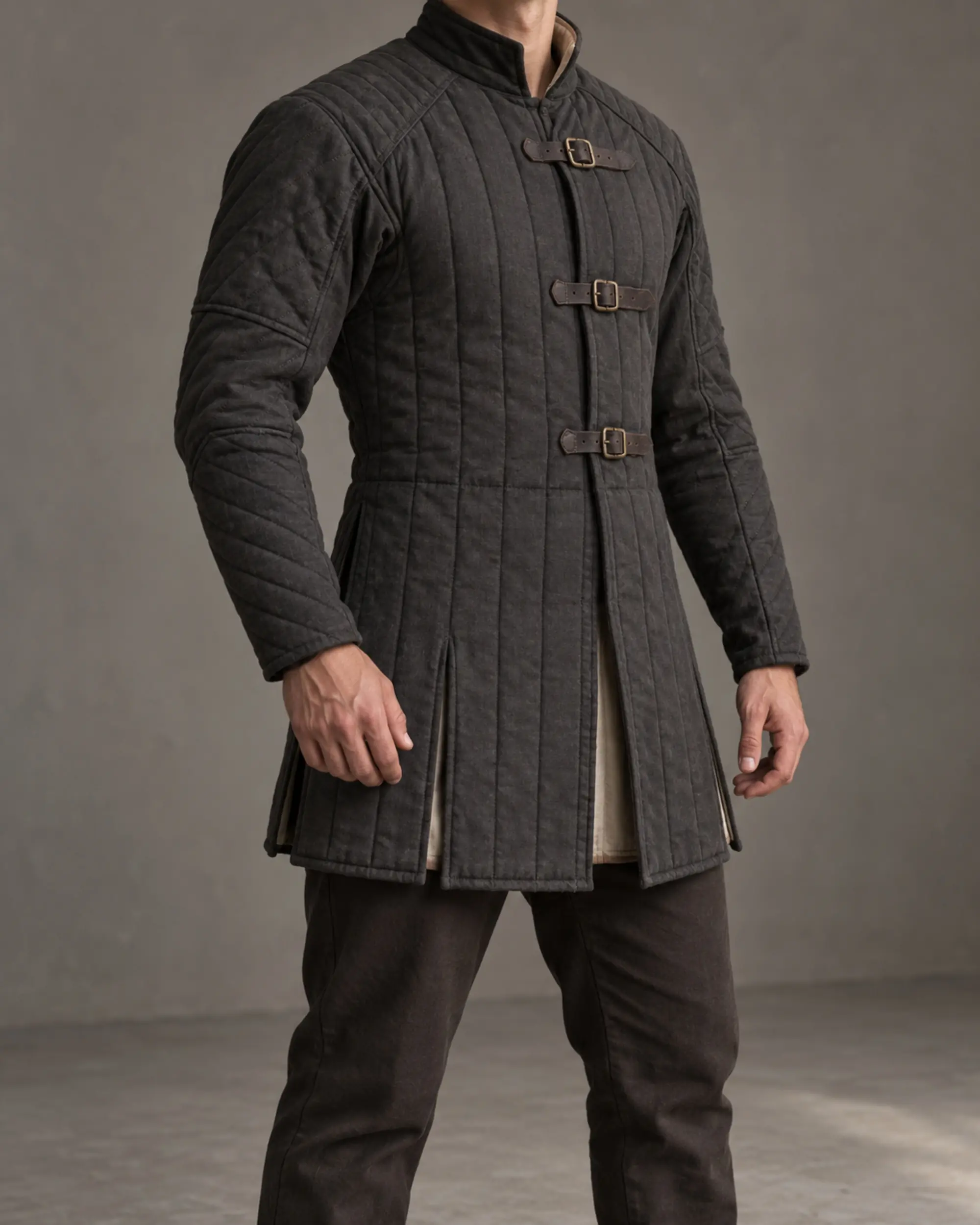 aldren-articulated-light-gambeson-charcoal-front Aldren Articulated Light Gambeson in charcoal with vertical quilting and three buckle straps