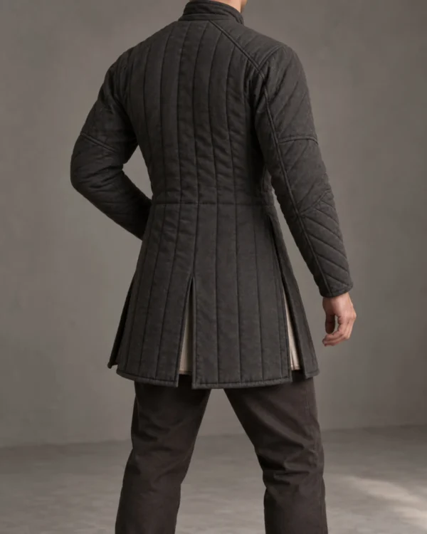 Rear view of the Aldren Articulated Light Gambeson showing shaped quilting and skirt vents