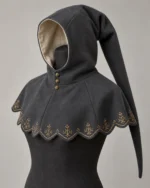 Aldric charcoal wool liripipe hood with dagged embroidered mantle