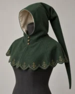 Aldric Wool Liripipe Hood in forest green with a long tail and embroidered scalloped mantle