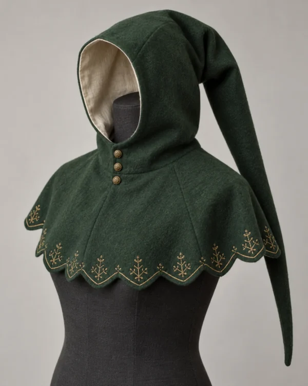 Aldric Wool Liripipe Hood in forest green with a long tail and embroidered scalloped mantle