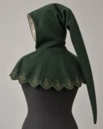 Rear view of the Aldric Wool Liripipe Hood showing the long tail and scalloped mantle