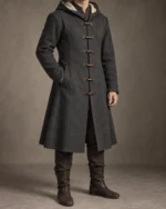 Ashdown charcoal hooded fantasy wool coat front view
