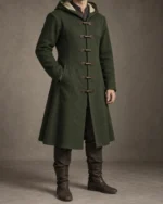Ashdown Hooded Fantasy Ranger Coat in forest green with a fitted waist and six front toggles