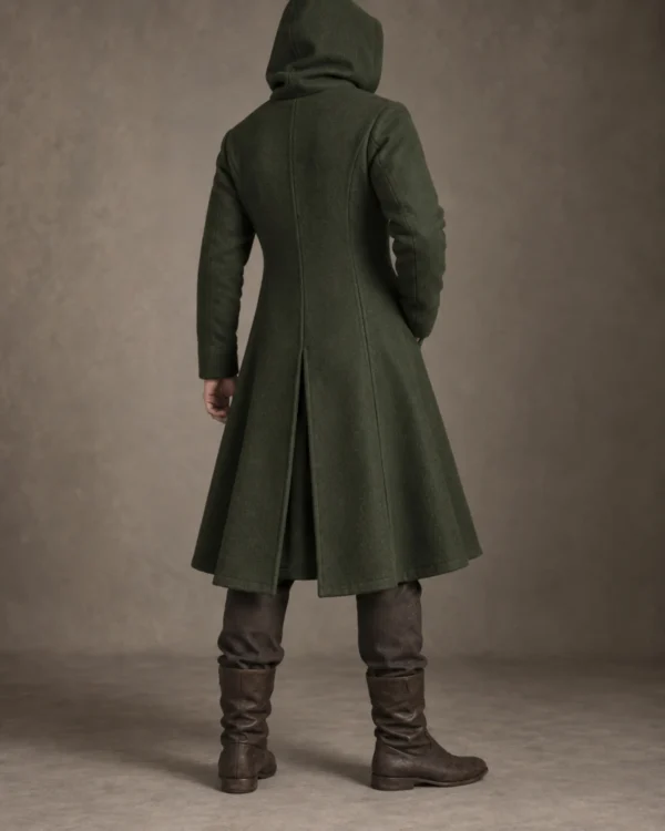 Rear view of the Ashdown Hooded Fantasy Ranger Coat showing the hood, shaped panels and back vent