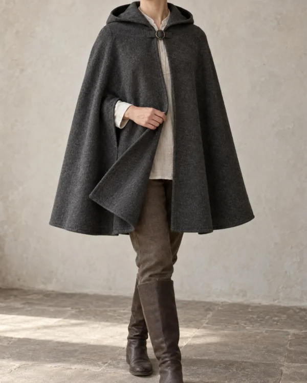 Ashvale Short Wool Cape in charcoal with a standing collar and ring clasp