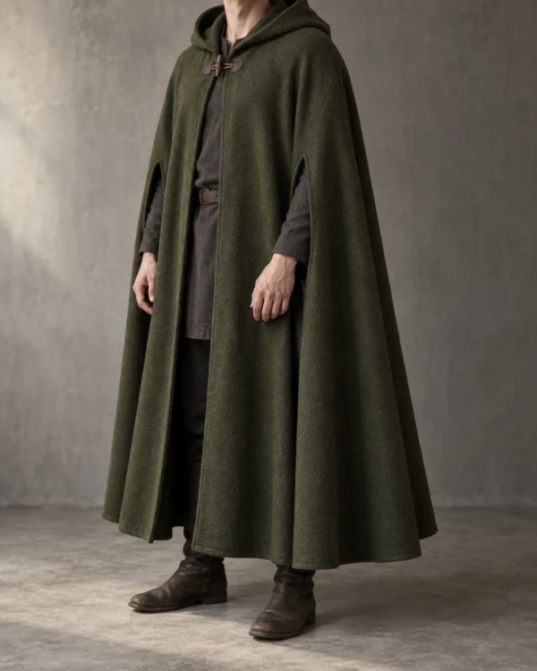 Bracken Arm-Slit Ranger Cloak in dark olive with hands passing through the side slits