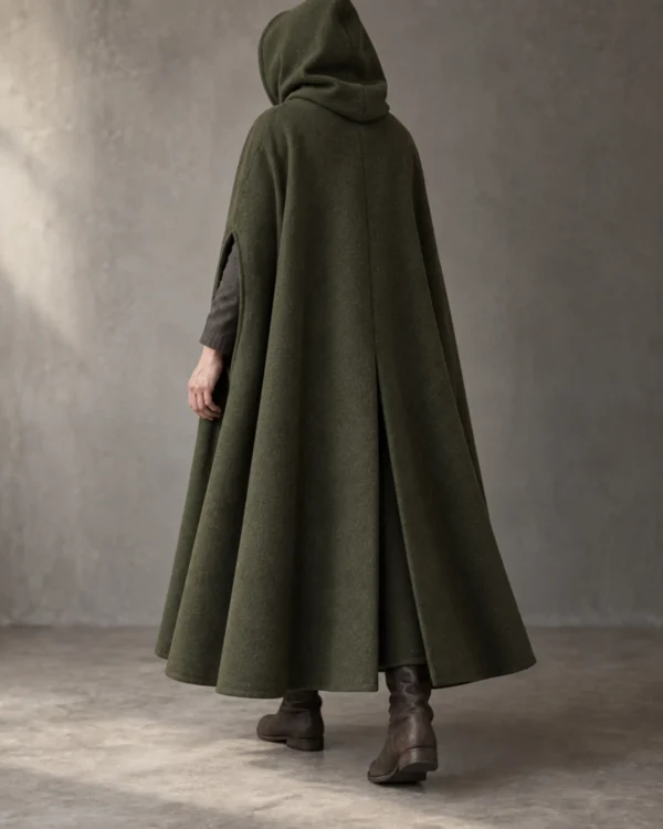 Rear view of the Bracken Arm-Slit Ranger Cloak showing the hood and long flared silhouette
