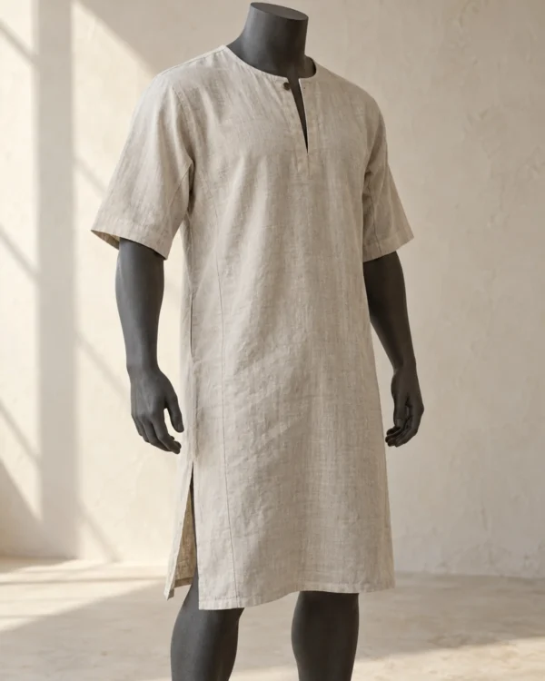Bram Short-Sleeve Linen Tunic in natural flax with elbow sleeves and a knee-length hem