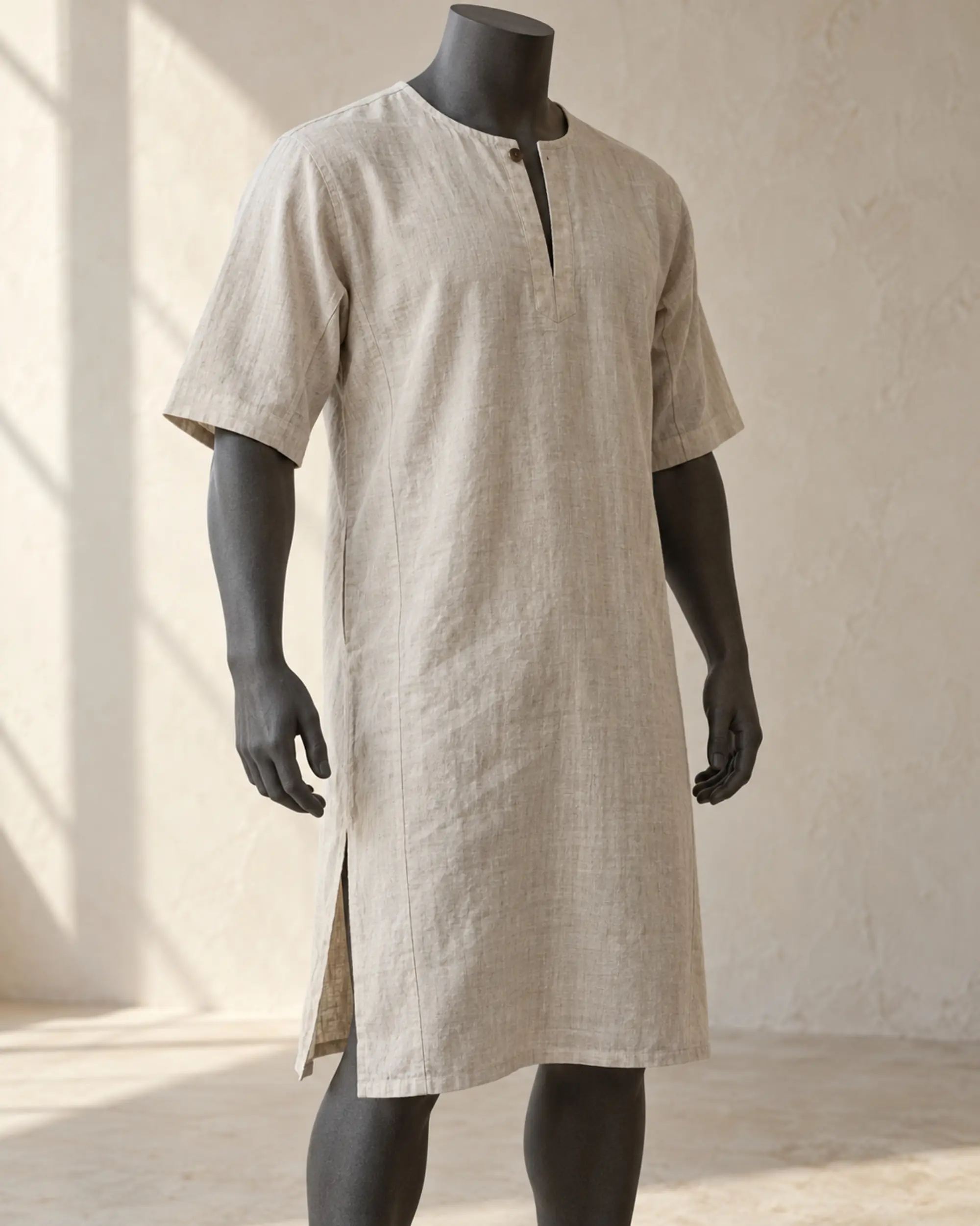 bram-short-sleeve-linen-tunic-natural-flax-front Bram Short-Sleeve Linen Tunic in natural flax with elbow sleeves and a knee-length hem