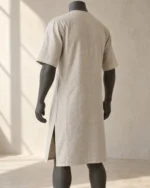 Rear view of the Bram Short-Sleeve Linen Tunic showing the relaxed body and side vents
