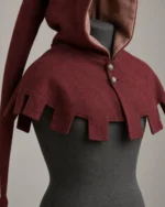 Close-up of the Cedric Dagged Chaperon Hood showing the square dags and throat buttons