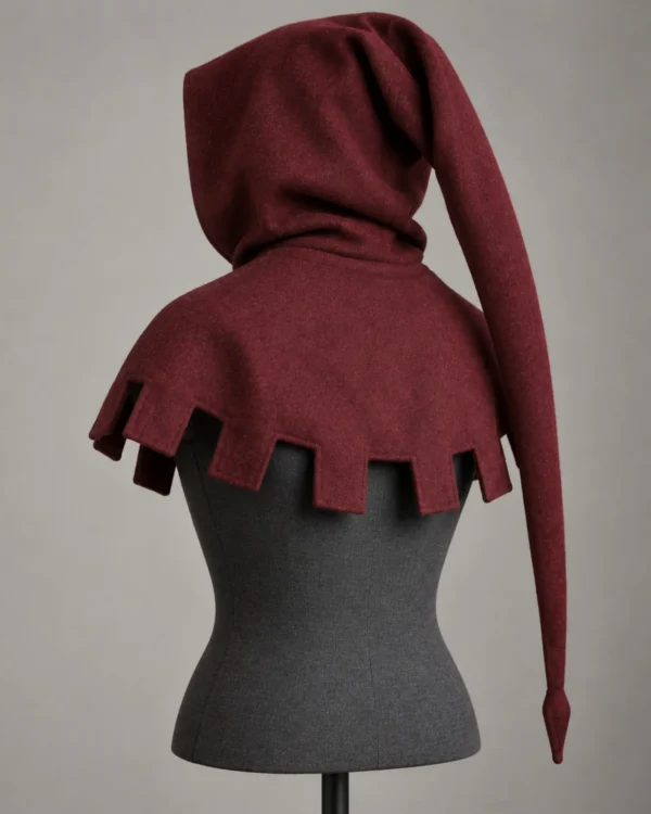 Rear view of the Cedric Dagged Chaperon Hood showing the long liripipe and square dags
