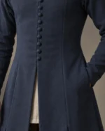 Close-up of the Corvin Wool Cotehardie showing the covered buttons and fitted front