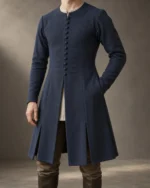 Corvin Wool Cotehardie in deep navy with a fitted torso and closely spaced buttons