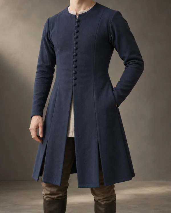 Corvin Wool Cotehardie in deep navy with a fitted torso and closely spaced buttons