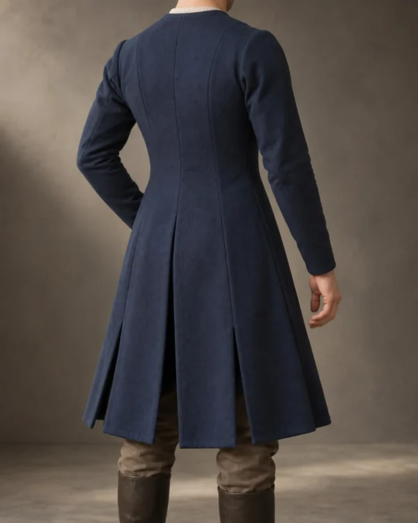 Rear view of the Corvin Wool Cotehardie showing the shaped back seams and skirt vents