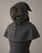 Eamon Buttoned Wool Gugel in charcoal with a short point and full front button placket