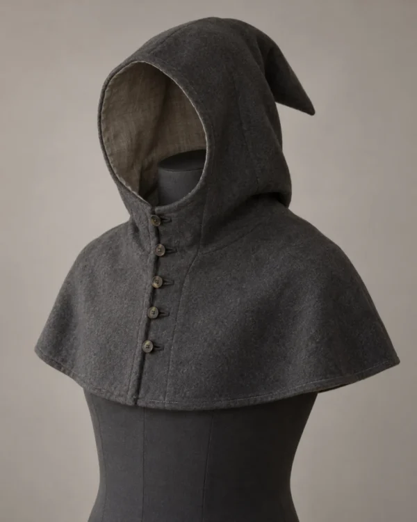 Eamon Buttoned Wool Gugel in charcoal with a short point and full front button placket