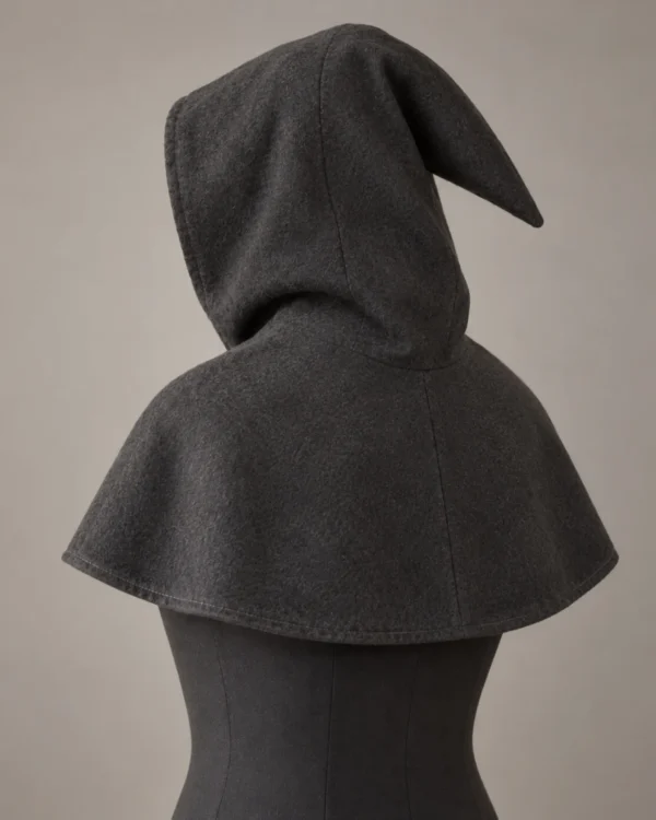 Rear view of the Eamon Buttoned Wool Gugel showing the short tapered point and rounded mantle