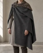 Eira charcoal Norse-inspired mantle cloak front view