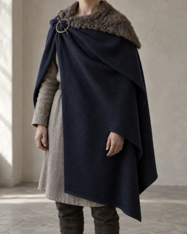 Eira Norse-Inspired Mantle Cloak in midnight navy with a gray collar and round brooch