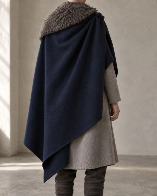 Rear view of the Eira Norse-Inspired Mantle Cloak showing the asymmetric shoulder drape