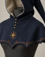 Close-up of the Elowen Heraldic Embroidered Hood showing the sun motif, border and buttons