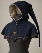 Elowen Heraldic Embroidered Hood in midnight navy with a long tail and gold sun motif