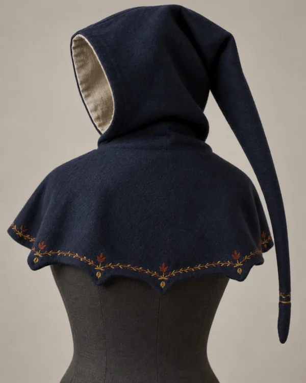 Rear view of the Elowen Heraldic Embroidered Hood showing the long tail and bordered mantle