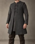 Godric charcoal sleeveless Norse-inspired coat front view