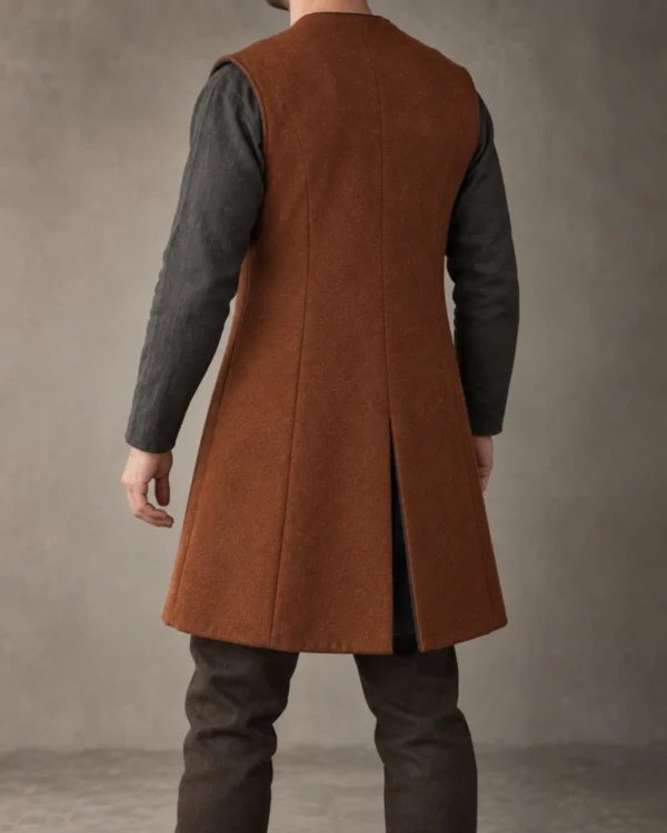 Rear view of the Godric Sleeveless Norse-Inspired Coat showing the sleeveless cut and center vent