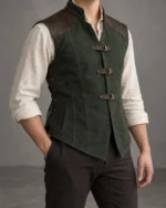 Greenwarden Ranger Jerkin in forest green with dark shoulder panels and three front straps