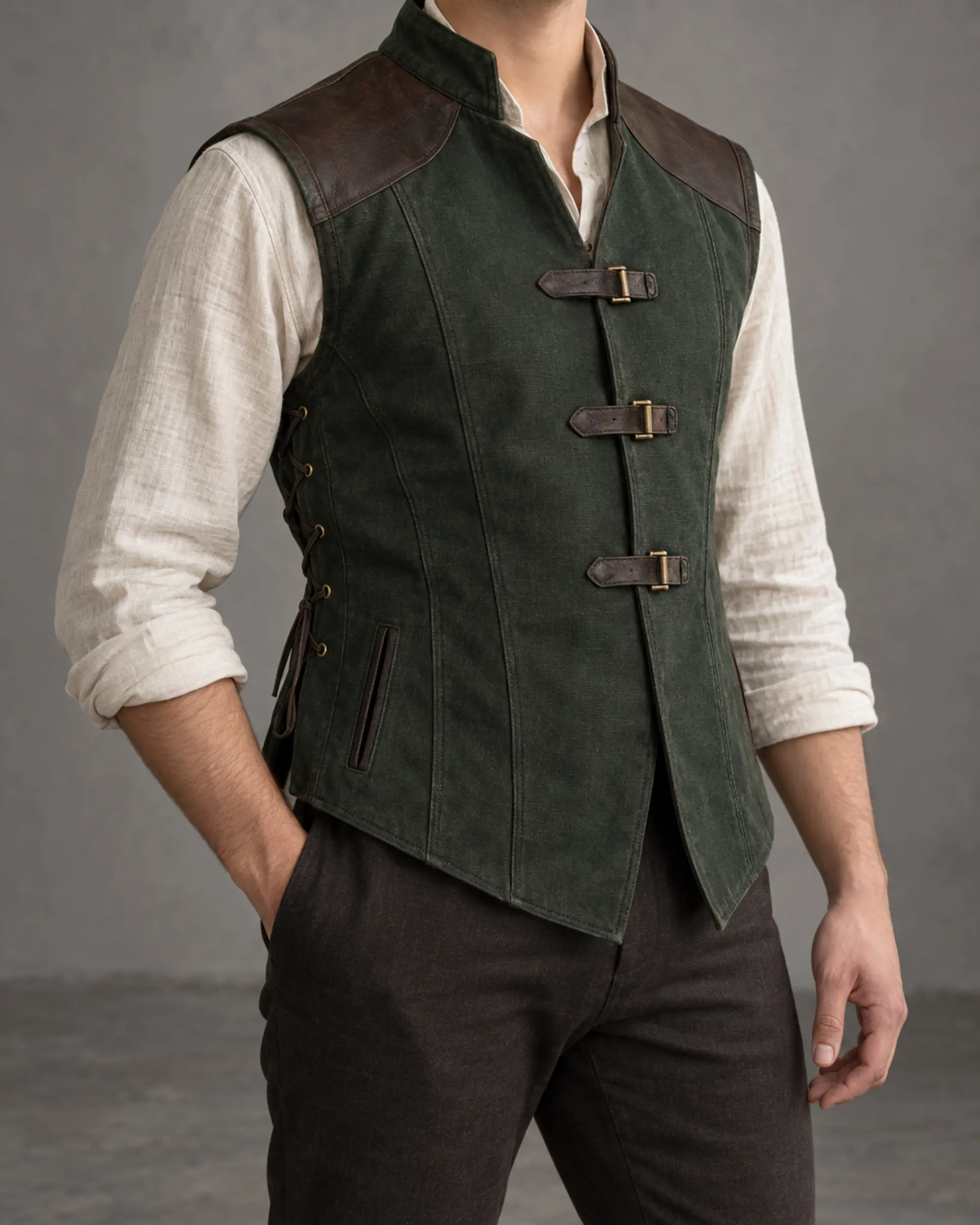 greenwarden-ranger-jerkin-forest-green-front Greenwarden Ranger Jerkin in forest green with dark shoulder panels and three front straps