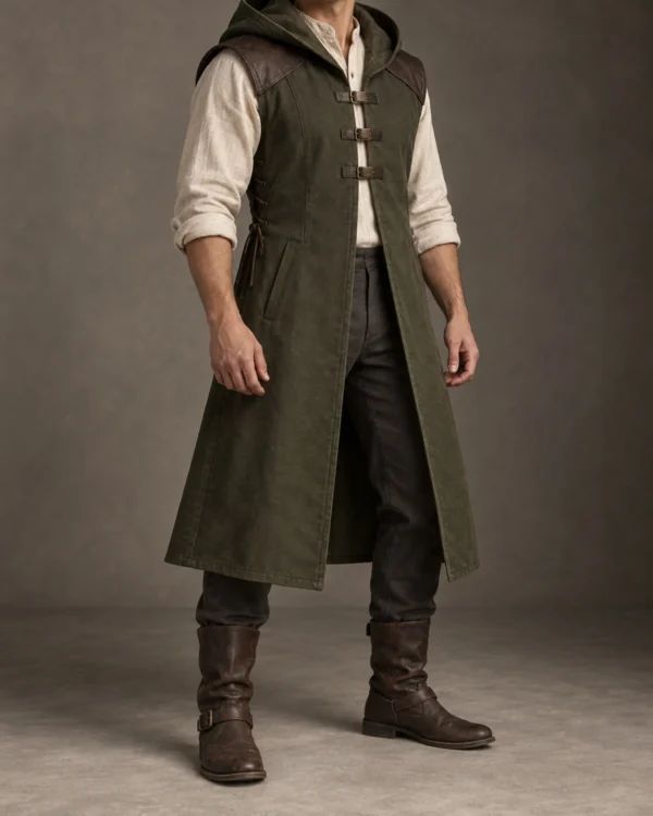 Hawthorn Hooded Ranger Surcoat in dark olive with a sleeveless cut and dark shoulder panels