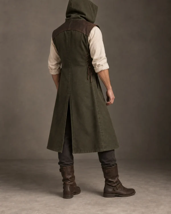 Rear view of the Hawthorn Hooded Ranger Surcoat showing the hood and center back split