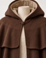 Hearthfall cloak’s lined hood, covered throat button and shoulder mantle