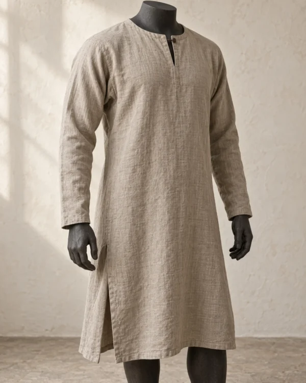 Hedeby Linen Viking Tunic in natural flax with long sleeves, side gores and a knee-length hem