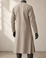 Rear view of the Hedeby Linen Viking Tunic showing the straight body and clean knee-length hem