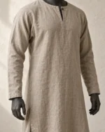 Close-up of the Hedeby Linen Viking Tunic showing the round neck, short slit and single button