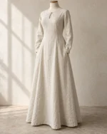 Isolde Fitted Linen Costume Underdress in soft off-white with long sleeves and a full ankle-length skirt