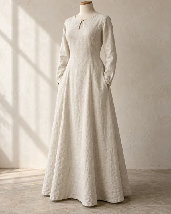 Isolde Fitted Linen Costume Underdress in soft off-white with long sleeves and a full ankle-length skirt