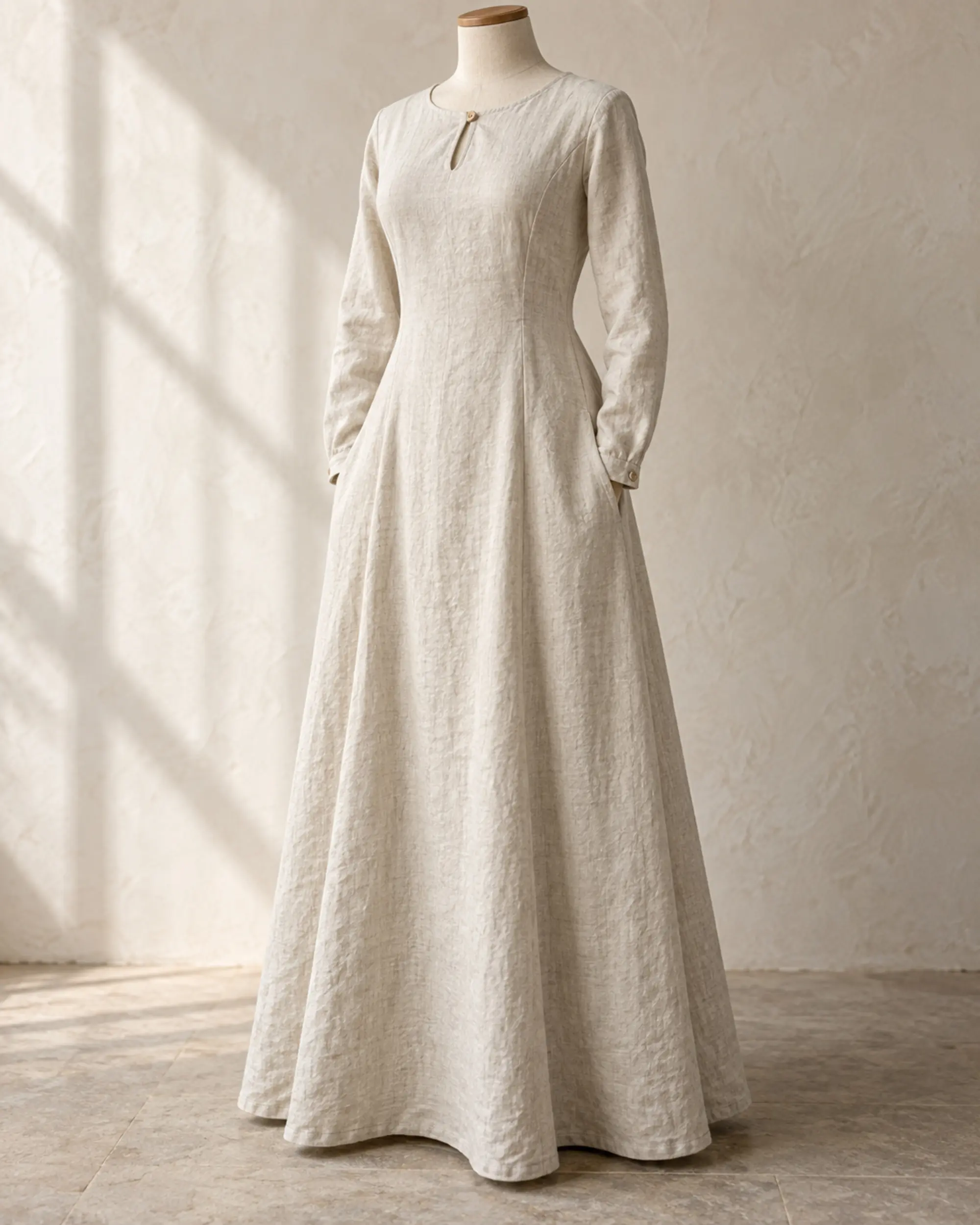 isolde-linen-costume-underdress-soft-off-white-front Isolde Fitted Linen Costume Underdress in soft off-white with long sleeves and a full ankle-length skirt