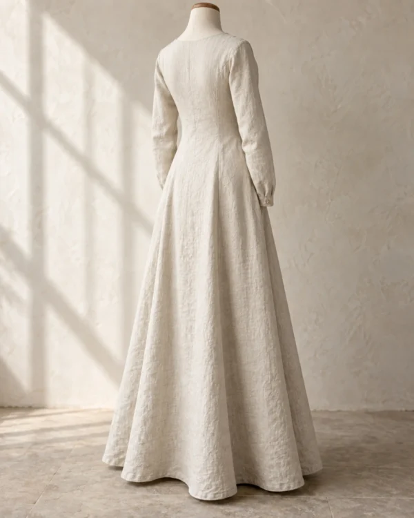 Rear view of the Isolde Fitted Linen Costume Underdress showing the long sleeves and flowing skirt