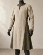 Leofric Two-Tone Linen Tunic in natural and dark olive tones with long sleeves