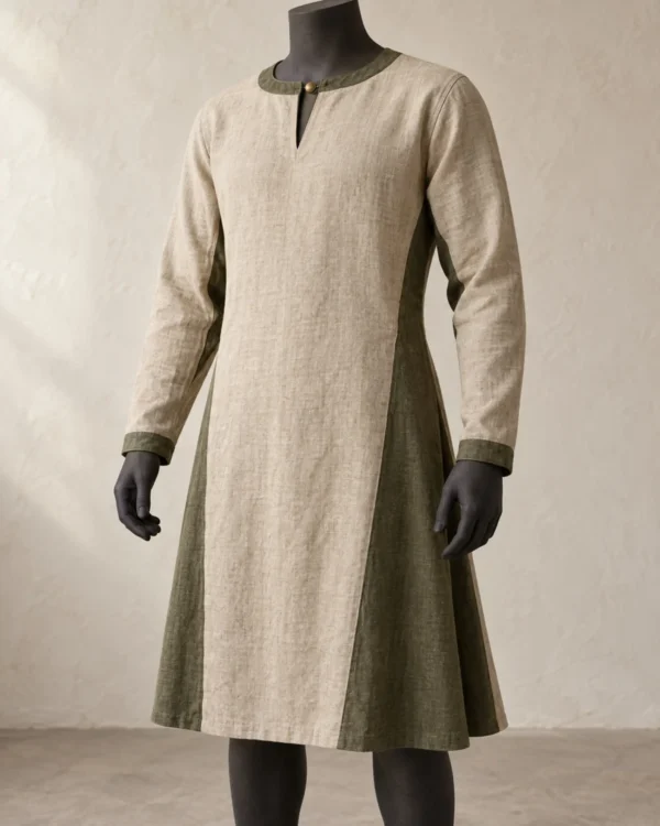 Leofric Two-Tone Linen Tunic in natural and dark olive tones with long sleeves