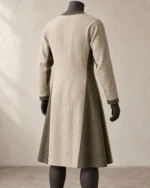 Rear view of the Leofric Two-Tone Linen Tunic showing the long clean silhouette and side panels