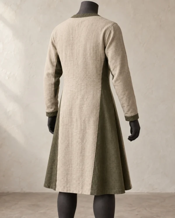 Rear view of the Leofric Two-Tone Linen Tunic showing the long clean silhouette and side panels