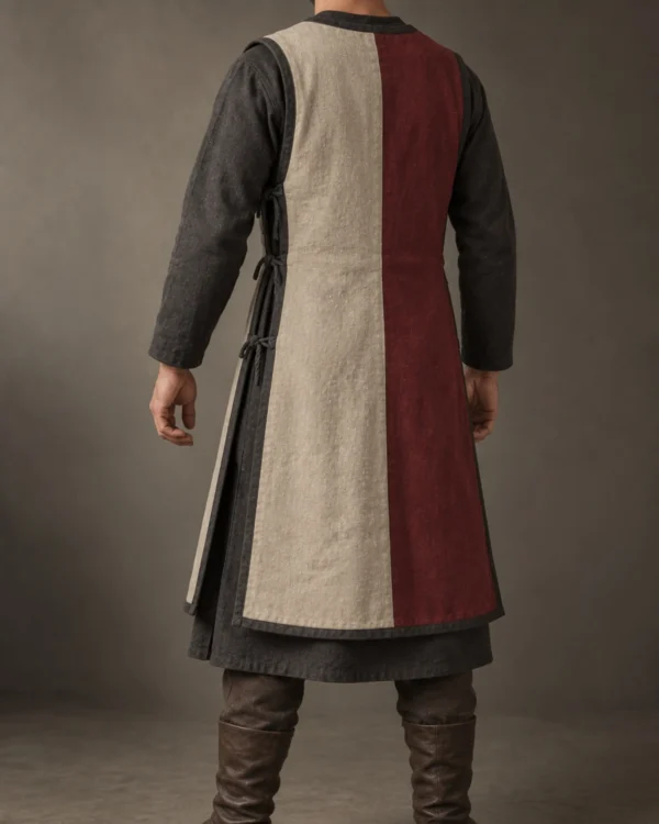 Rear view of the Montfort Heraldic Surcoat showing the divided colors and side ties
