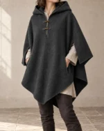 Moorland charcoal hooded wool poncho front view